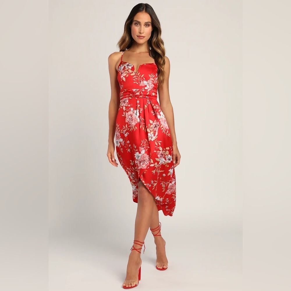 Lulus My Favorite Day Red Floral Print Tulip Skirt Midi Dress